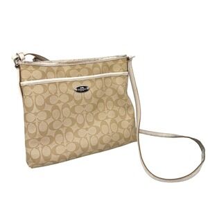 Coach Signature Monogram Canvas Crossbody Bag Beige Cream Leather Trim 10x12
